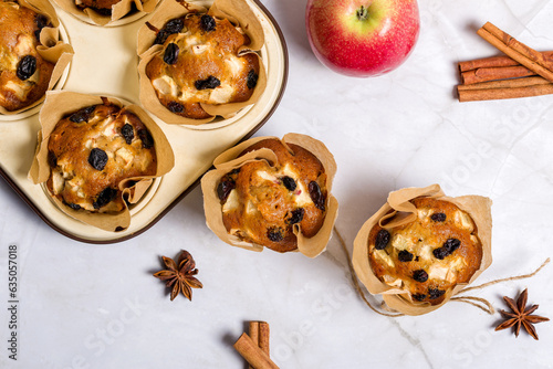 Homemade muffin with apples and raisins