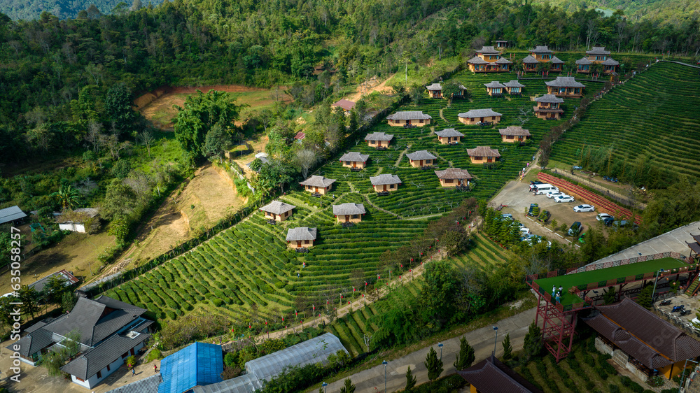 beautiful scenery landscape of Ban Rak Thai village chinese hotel and resort is the famous tourist attraction and landmark in the rain season northern of Mae Hong Son, Thailand,