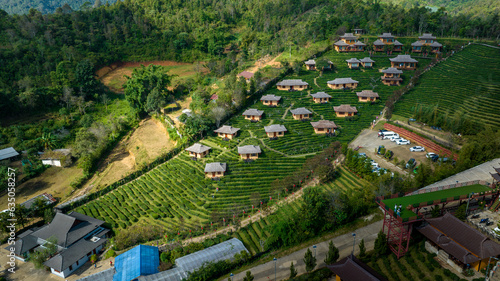 beautiful scenery landscape of Ban Rak Thai village chinese hotel and resort is the famous tourist attraction and landmark in the rain season northern of Mae Hong Son  Thailand 