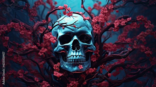 Foto scary halloween skull decorated with many flowers