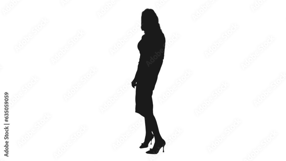 Silhouette of woman model in long dress and heels walking and posing, Full HD footage with alpha transparency channel isolated on white background 