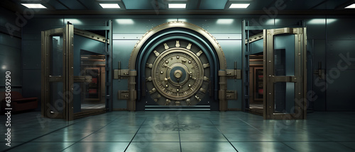 Impenetrable Bank Vault Door, grandeur of security is embodied in this image featuring an imposing bank vault door made of gold-toned metal, set within a secure room lined with safety deposit boxes