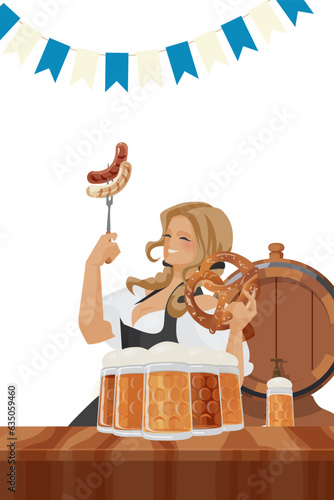  cheerful smiling blonde Bartender with sausages and pretzel in hands behind bar top with German beer steins © JeraRS