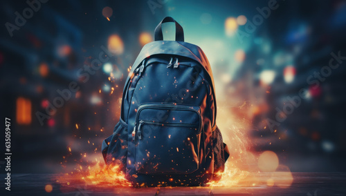 Backpack on blur bokeh background. Educational supplies and nature beauty blend in a summer setting, creating a colorful concept of learning and exploration.