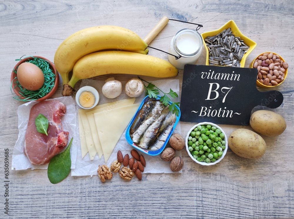 Healthy food rich in vitamin B7 (biotin). Natural food sources of