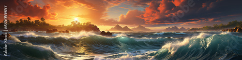 Panorama of wavy sea or ocean at sunset, seascape wide banner