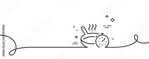 Frying pan line icon. Continuous one line with curl. Cooking timer sign. Food preparation symbol. Frying pan single outline ribbon. Loop curve pattern. Vector