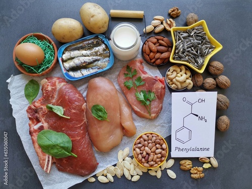 Phenylalanine rich food with structural chemical formula of amino acid phenylalanine. Natural food sources of phenylalanine include high protein foods like eggs, dairy products, meat, nuts, seeds.