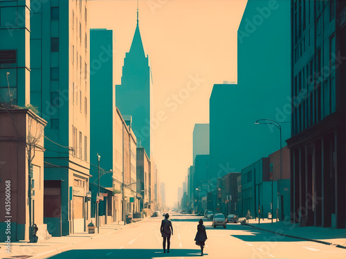 empty city street, risography style - faded colors with graininess, large and exaggerated figures photo