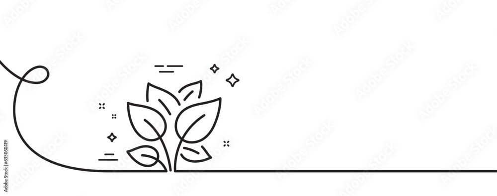 Leaf line icon. Continuous one line with curl. Leaves plant sign. Organic farm lettuce symbol. Leaf single outline ribbon. Loop curve pattern. Vector