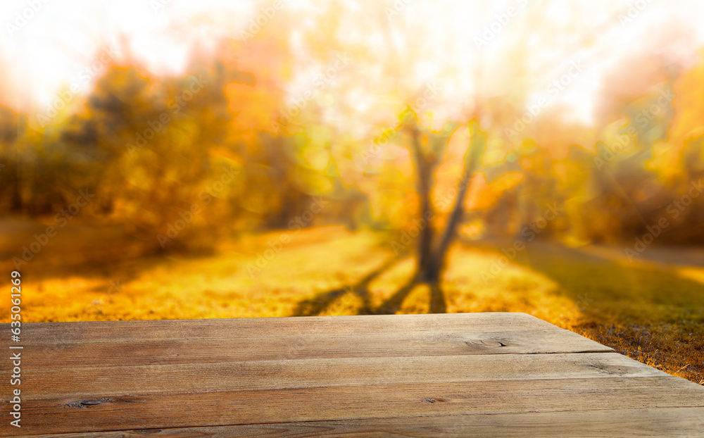 Wooden table and blurred autumn forest background Wooden table and blurred autumn forest background