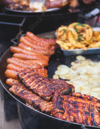 Photography Food festival with food stall kiosk, open-air outdoor fair market, assortment of