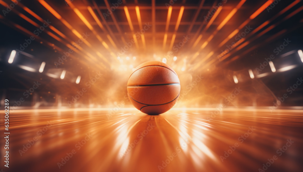 Basketball ball on court. Intense sports action, team competition, and winning spirit in arena setting, creating an exciting game atmosphere of skill and passion.
