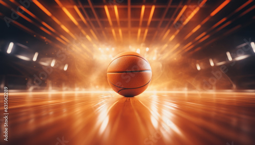 Basketball ball on court. Intense sports action, team competition, and winning spirit in arena setting, creating an exciting game atmosphere of skill and passion. © remake