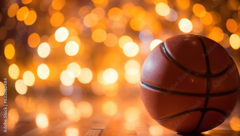 Basketball ball with lighting bokeh in gym. Intense sports action, team competition, and skillful play in dynamic arena setting, creating an electric atmosphere of passion and energy. Basketball ball with lighting bokeh in gym. Intense sports action, team competition, and skillful play in dynamic arena setting, creating an electric atmosphere of passion and energy.