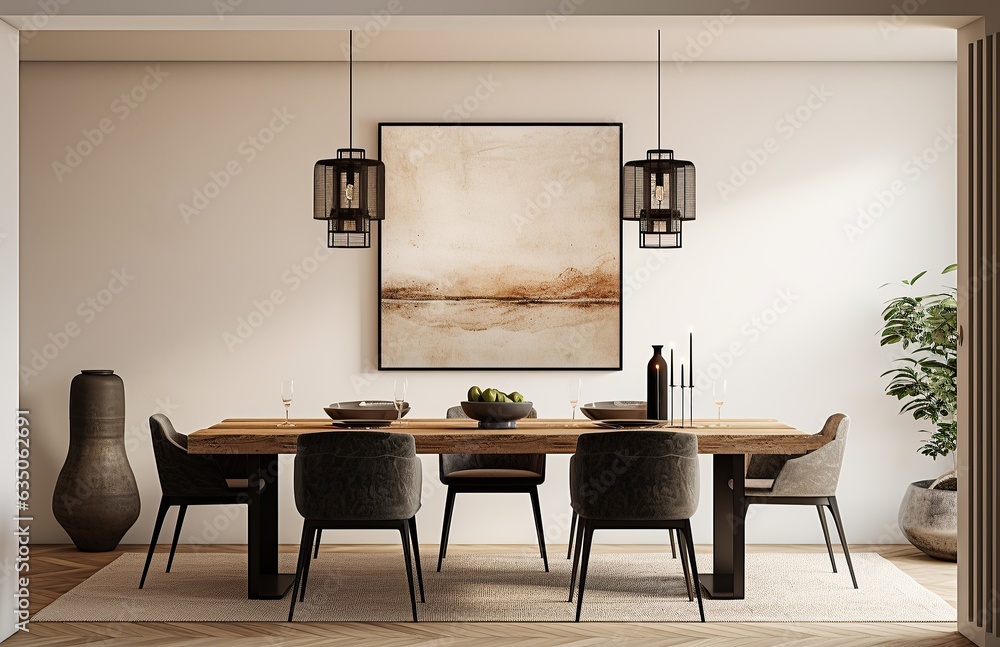 This minimalist interior design featuring a dining table with chairs, a ...