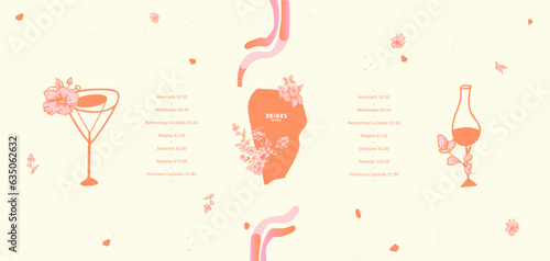 Drinks menu. Cocktail. Wine. Champagne. For restaurant or bar near sea or ocean. The atmosphere romance. Hand drawn drawing. List, banner, booklet, flyer, brochure, price, poster. Vector illustration.