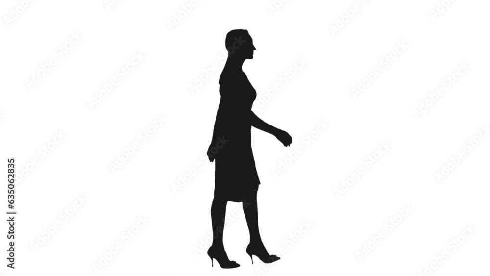Black and white silhouette of stylish adult woman walking in dress and heels, Side view, Full HD footage with alpha transparency channel isolated on white background Black and white silhouette of stylish adult woman walking in dress and heels, Side view, Full HD footage with alpha transparency channel isolated on white background