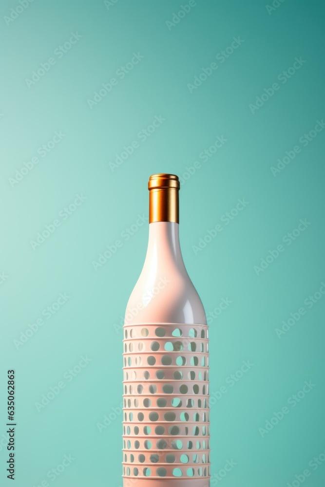 Elegant bottle of wine stands out on a striking blue backdrop, enhanced with accents of light pink, gold, white, and emerald. The composition exudes modern minimalism and artistic flair Elegant bottle of wine stands out on a striking blue backdrop, enhanced with accents of light pink, gold, white, and emerald. The composition exudes modern minimalism and artistic flair