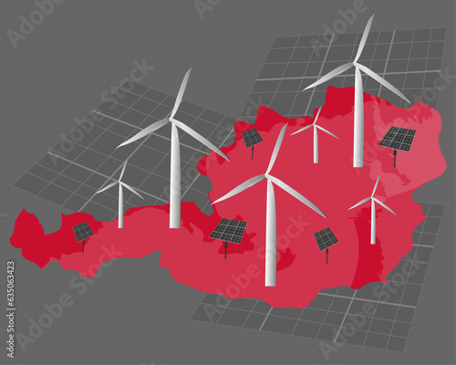 Environmentally Clean Energy in Austria (on the Map of Austria): Wind Turbines and Solar Batteries on a dark background. Vector Graphics of Eco-Friendly Energy in Austria