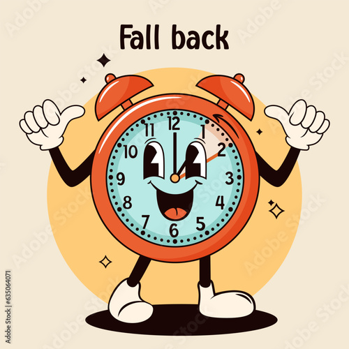 Daylight saving time, fall back illustration. Groovy watch, clock. Vector illustration.