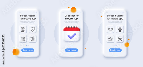 Nasal test, Shield and Skin moisture line icons pack. 3d phone mockups with calendar. Glass smartphone screen. Not looking, Coronavirus lungs, Medical mask web icon. Vector