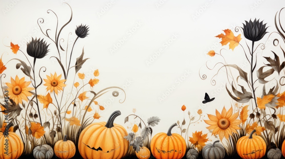 Naklejka premium Watercolor Halloween background with bright pumpkins, flowers