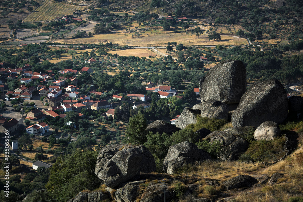 Panorama of the granite village of Monsanto amidst huge boulders, Castelo Branco district of Portugal.