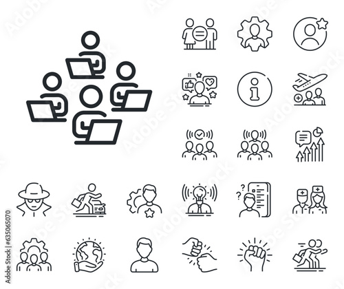 Remote office sign. Specialist, doctor and job competition outline icons. Teamwork line icon. Team employees symbol. Teamwork line sign. Avatar placeholder, spy headshot icon. Strike leader. Vector