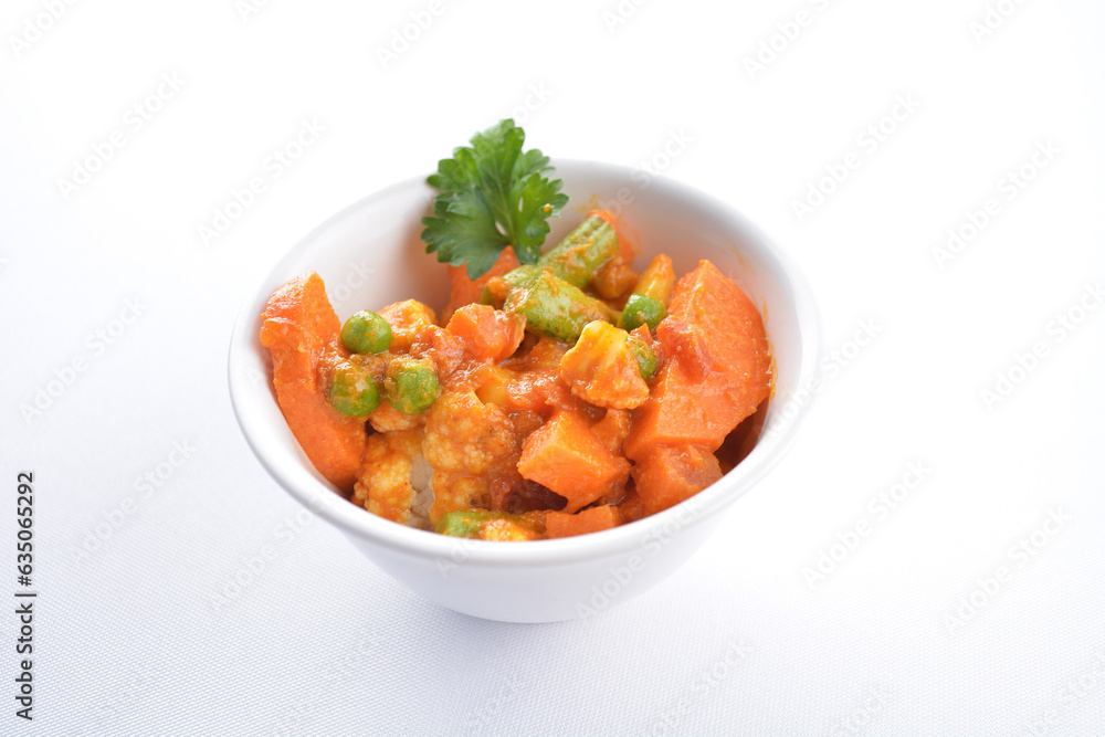 Indian mixed vegetable bean curry sauce nuts vegan dim sum in bowl on white background asian chef appetiser halal bakery food restaurant pastry menu for cafe Indian mixed vegetable bean curry sauce nuts vegan dim sum in bowl on white background asian chef appetiser halal bakery food restaurant pastry menu for cafe