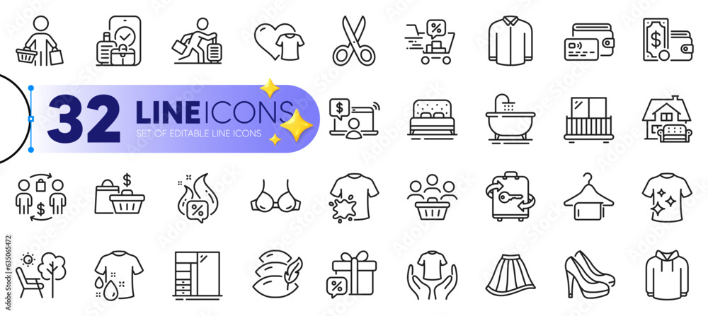 Φωτογραφία Outline set of Bra, Skirt and Clean t-shirt line icons for web with Wallet money, Shoes, Hoody thin icon