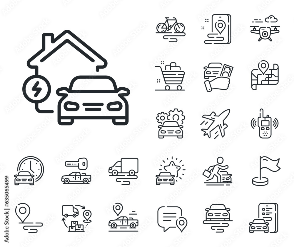 Home car charger sign. Plane, supply chain and place location outline icons. Charging station line icon. Electric power symbol. Home charging line sign. Taxi transport, rent a bike icon. Vector Home car charger sign. Plane, supply chain and place location outline icons. Charging station line icon. Electric power symbol. Home charging line sign. Taxi transport, rent a bike icon. Vector