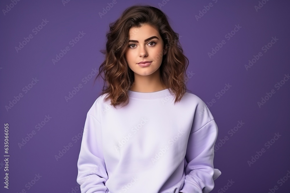 Young woman showcasing blank white sweatshirt against purple background Young woman showcasing blank white sweatshirt against purple background