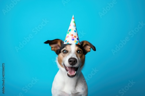 Festive Dog Wearing Party Hat Amidst Blue Background © Nld