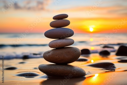 Stacked Pebbles on Seashore Bathed in Sunset