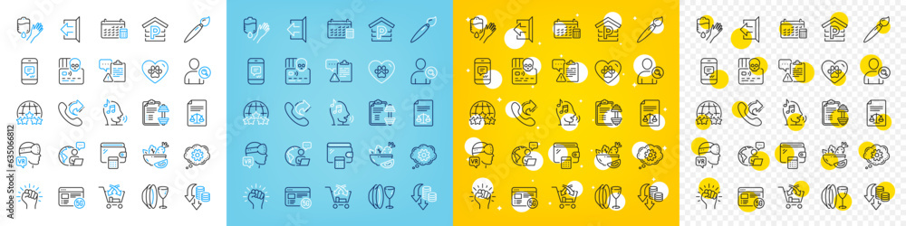 Vector icons set of Calendar, Cogwheel and Parking line icons pack for web with Outsource work, Blood, Sign out outline icon. Voicemail, Share call, Cross sell pictogram. Clipboard. Vector