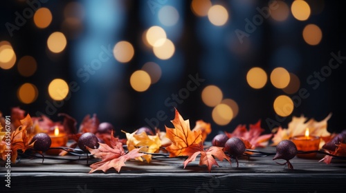 Leaves Falling In Defocused Autumn Forest With Sunlight. Generative Ai.