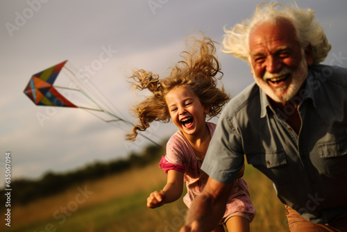 Joyful Grandfather and Granddaughter Flying a Colorful Kite at Sunset