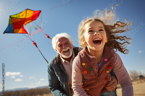 Happy Grandfather and Granddaughter Enjoying a Kite Flying