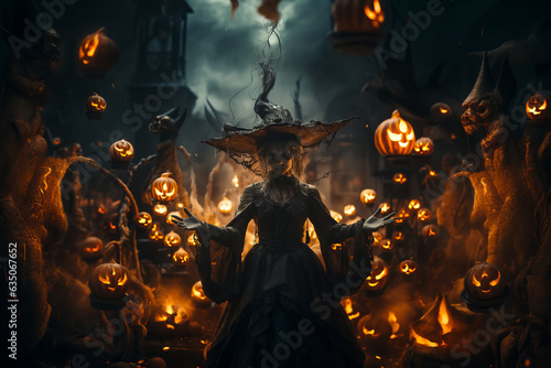 beautiful witch makes ritual while standing surrounded candle in a dark castle. Fairytale. Halloween photo