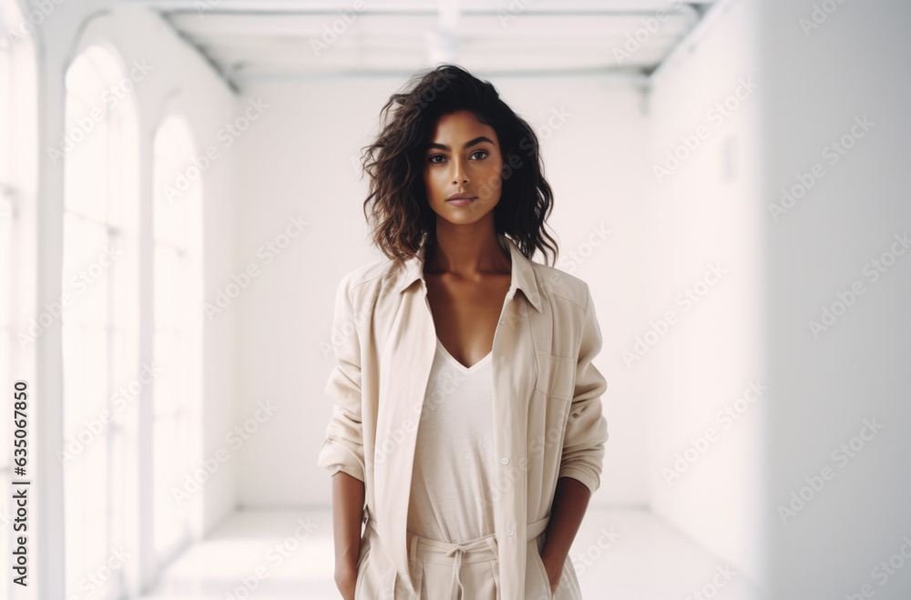 Multicultural woman dressed in white alone in an empty white room. Generative AI.