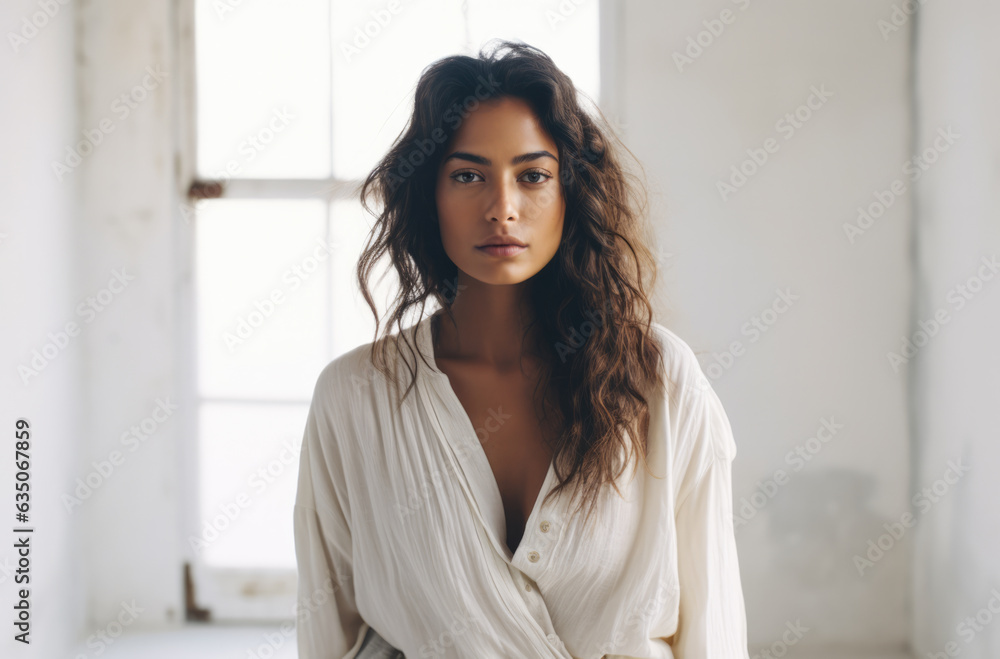 Multicultural woman dressed in white alone in an empty white room. Generative AI. Multicultural woman dressed in white alone in an empty white room. Generative AI.