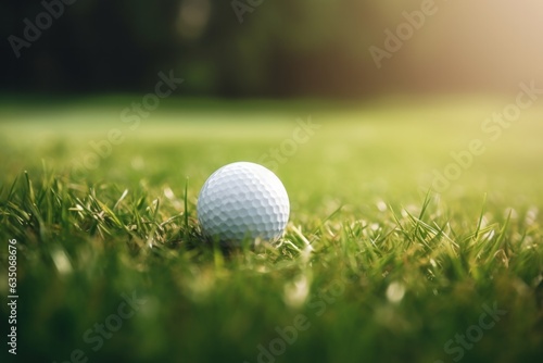 White metal golf ball, close-up, green grass area background