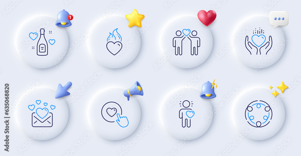 Love mail, Friends couple and Like button line icons. Buttons with 3d bell, chat speech, cursor. Pack of Inclusion, Heart flame, Hold heart icon. Friend, Love champagne pictogram. Vector Love mail, Friends couple and Like button line icons. Buttons with 3d bell, chat speech, cursor. Pack of Inclusion, Heart flame, Hold heart icon. Friend, Love champagne pictogram. Vector