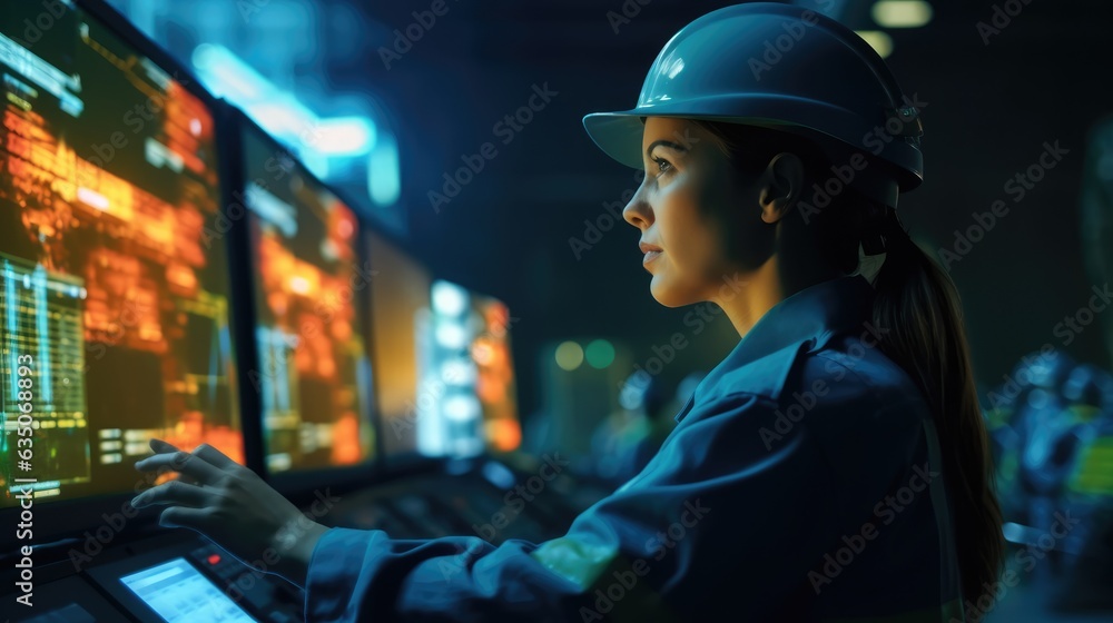 Portrait of an Asian female engineer in uniform working in a professional factory, AI generative Portrait of an Asian female engineer in uniform working in a professional factory, AI generative