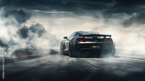 generic sports car performing burnout or drifting on racing track with smoke and heat as wide banner with copy space area, Generative Ai © Nakron