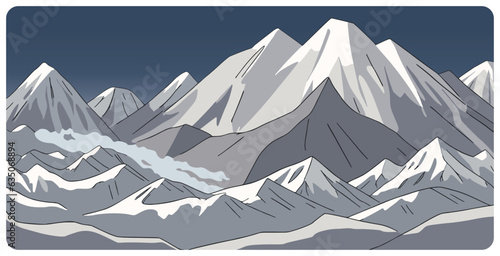 Hand drawn flat graphic vector illustration of abstract mountain landscape with snowcapped triangular peak and sharp mount range silhouettes. Simple  cartoon sketch design in blue gray colors.