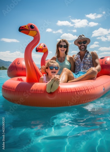 Portrait of happy family enjoying summertime at the pool. Sleek dad with sunglasses, perfect wife and kids on flamingo inflatable toy on pool