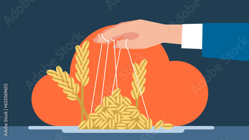 The concept of equal distribution of resources. Famine. Society's struggle against the manipulation of the food crisis. A politician uses grain to maintain power. Vector flat illustration
