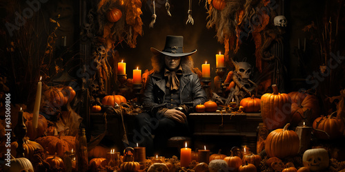 A creepy wizard man or hunter witches on palace background. halloween theme. fairytale photo